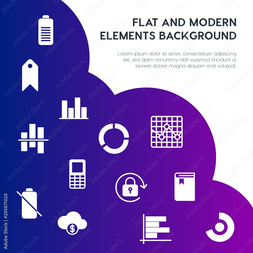 Poster cloud and networking, charts, mobile, bookmarks fill vector icons and elements background concept on