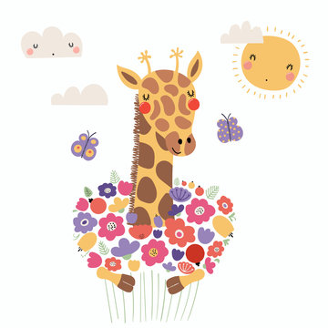 Hand drawn vector illustration of a cute funny giraffe holding a bouquet of flowers, with butterflies, sun, clouds. Isolated objects. Scandinavian style flat design. Concept for children print.