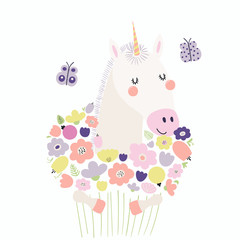 Hand drawn vector illustration of a cute funny unicorn holding a bouquet of flowers, with butterflies. Isolated objects. Scandinavian style flat design. Concept for children print.