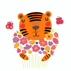 Hand drawn vector illustration of a cute funny tiger holding a bouquet of flowers, with butterflies. Isolated objects. Scandinavian style flat design. Concept for children print.