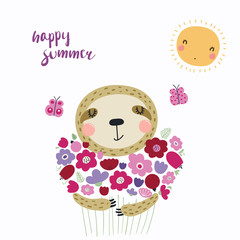 Hand drawn vector illustration of a cute funny sloth with a bouquet of flowers, butterflies, sun, lettering Happy summer. Isolated objects. Scandinavian style flat design. Concept for children print. © Maria Skrigan