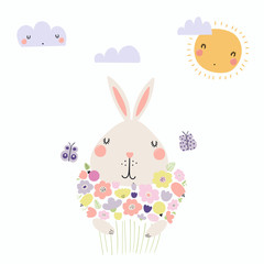 Hand drawn vector illustration of a cute funny bunny holding a bouquet of flowers, with butterflies, sun, clouds. Isolated objects. Scandinavian style flat design. Concept for children print.