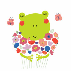 Hand drawn vector illustration of a cute funny frog holding a bouquet of flowers, with butterflies. Isolated objects. Scandinavian style flat design. Concept for children print.