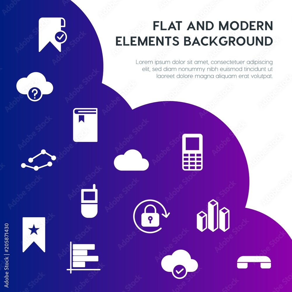 Poster cloud and networking, charts, mobile, bookmarks fill vector icons and elements background concept on
