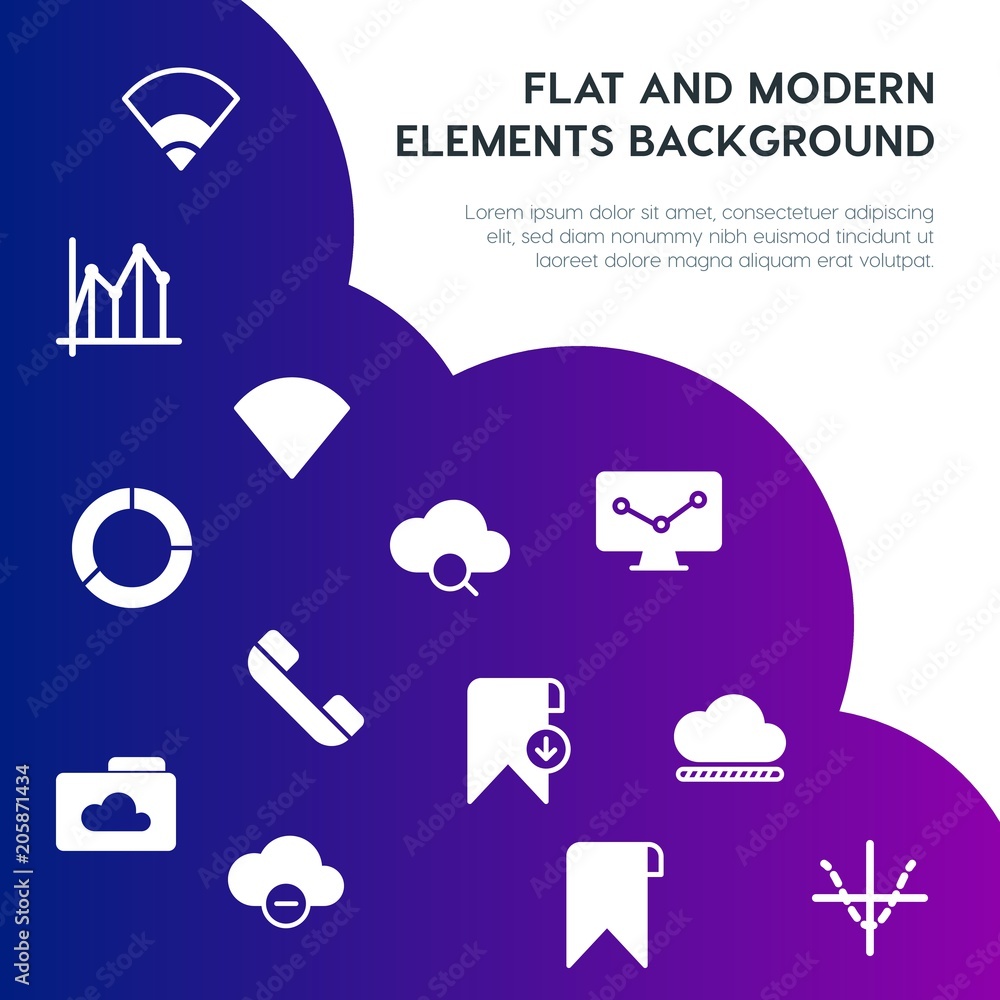 Poster cloud and networking, charts, mobile, bookmarks fill vector icons and elements background concept on