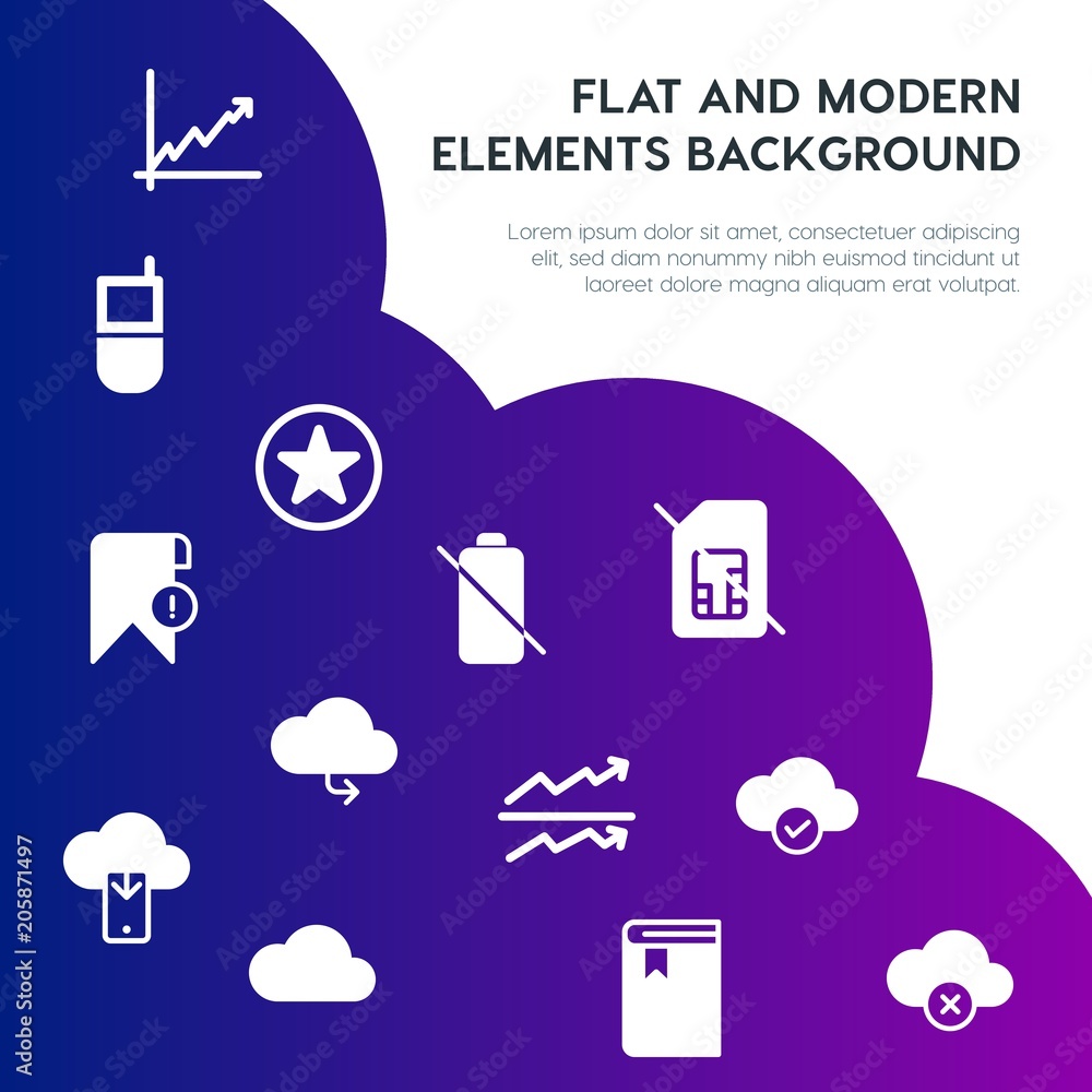 Poster cloud and networking, charts, mobile, bookmarks fill vector icons and elements background concept on