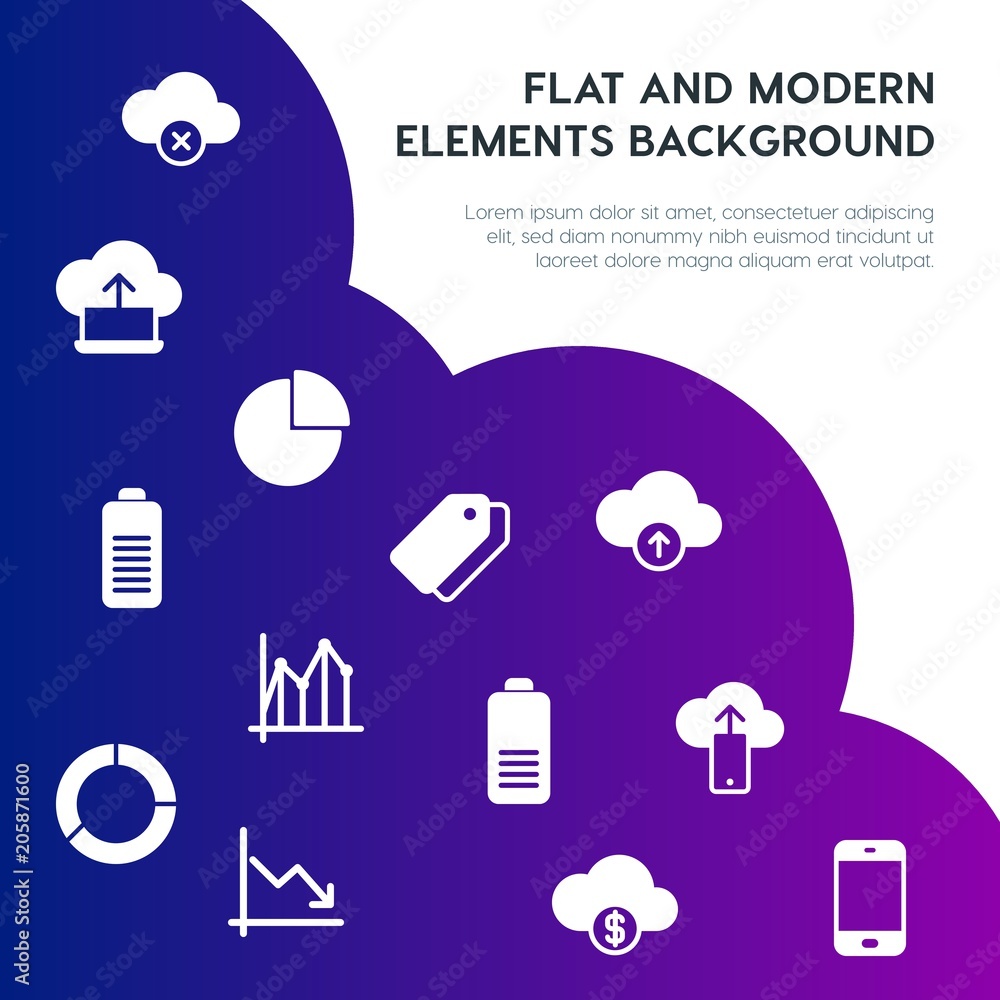 Poster cloud and networking, charts, mobile, bookmarks fill vector icons and elements background concept on
