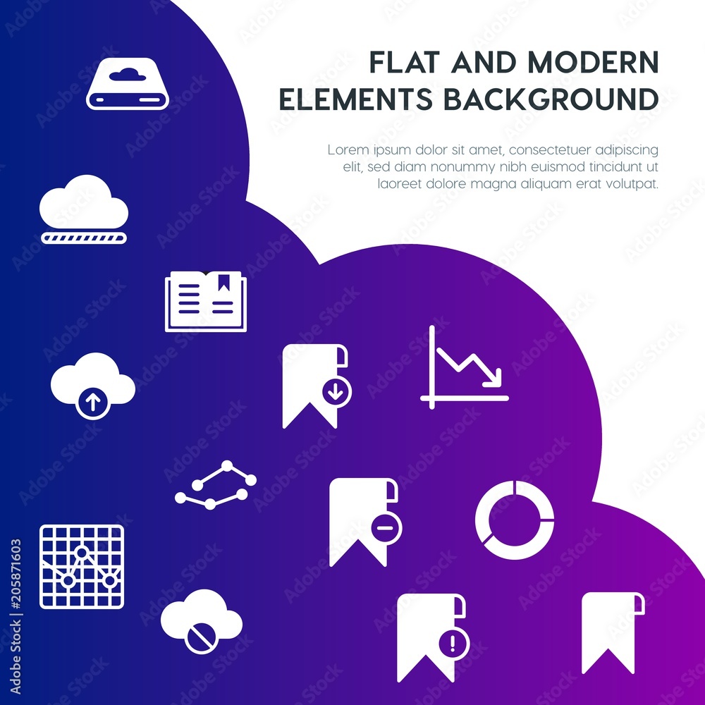Poster cloud and networking, charts, mobile, bookmarks fill vector icons and elements background concept on