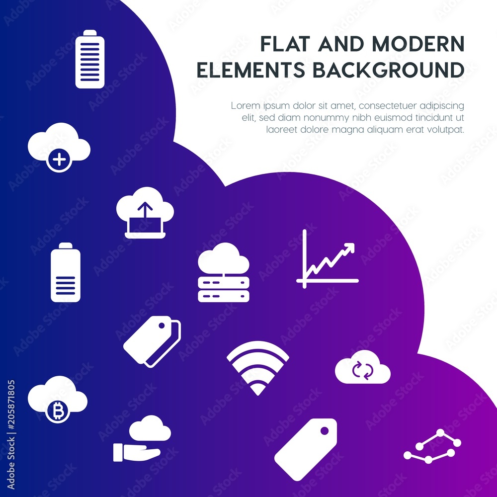 Poster cloud and networking, charts, mobile, bookmarks fill vector icons and elements background concept on