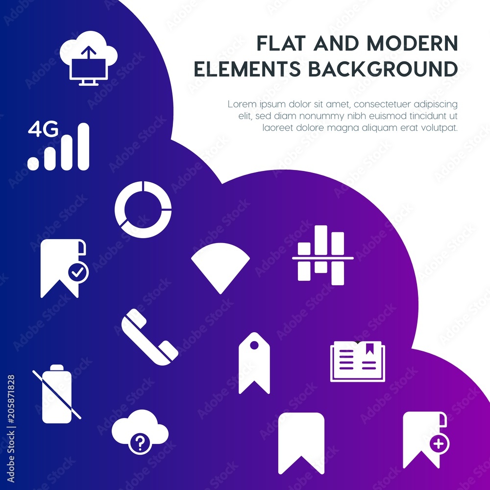Poster cloud and networking, charts, mobile, bookmarks fill vector icons and elements background concept on