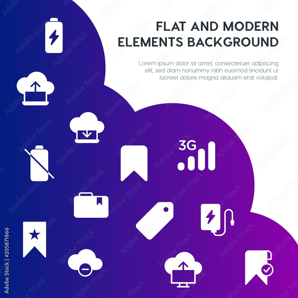 Poster cloud and networking, charts, mobile, bookmarks fill vector icons and elements background concept on