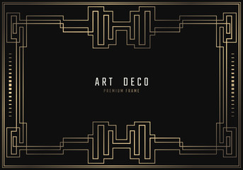 Vector geometric frame in Art Deco style. Rectangle noble design for invitations, cards, posters. Black and golden lined shape. Sandblasting ornament.
