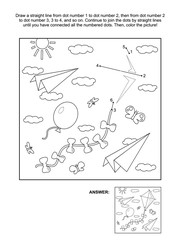 Connect the dots picture puzzle and coloring page with kite, paper planes, balloon flying in the sky. Answer included.

