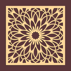 Laser cutting panel. Golden floral pattern. Gift or favor box silhouette ornament. Vector coaster design for metal, wood, paper work.