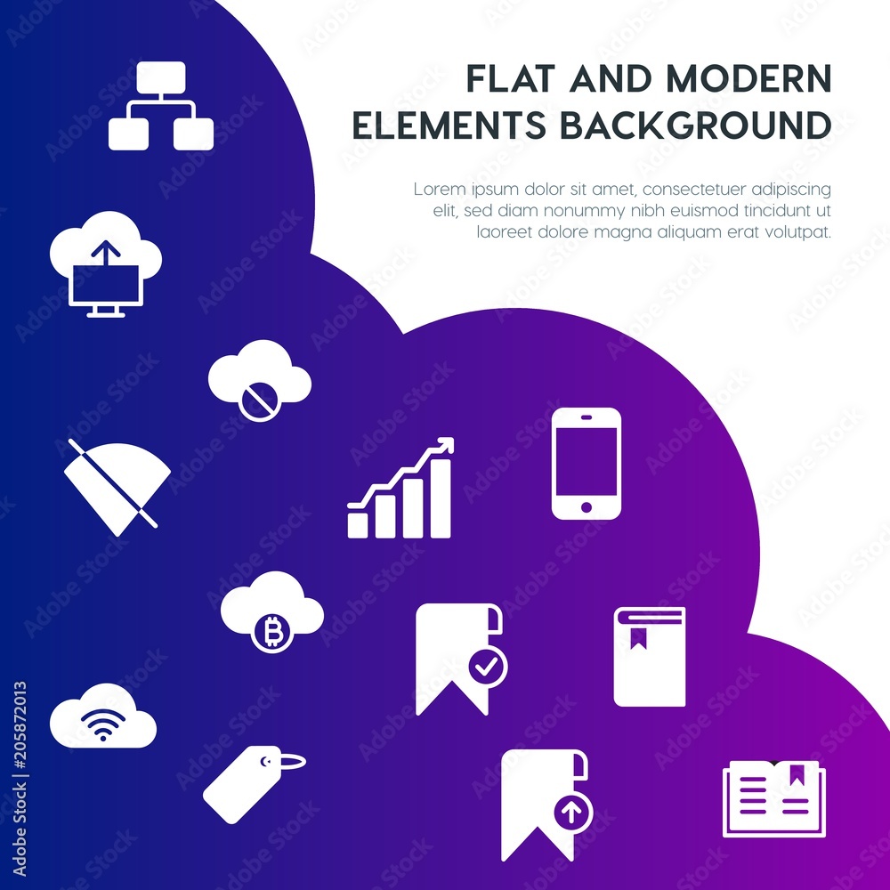 Poster cloud and networking, charts, mobile, bookmarks fill vector icons and elements background concept on