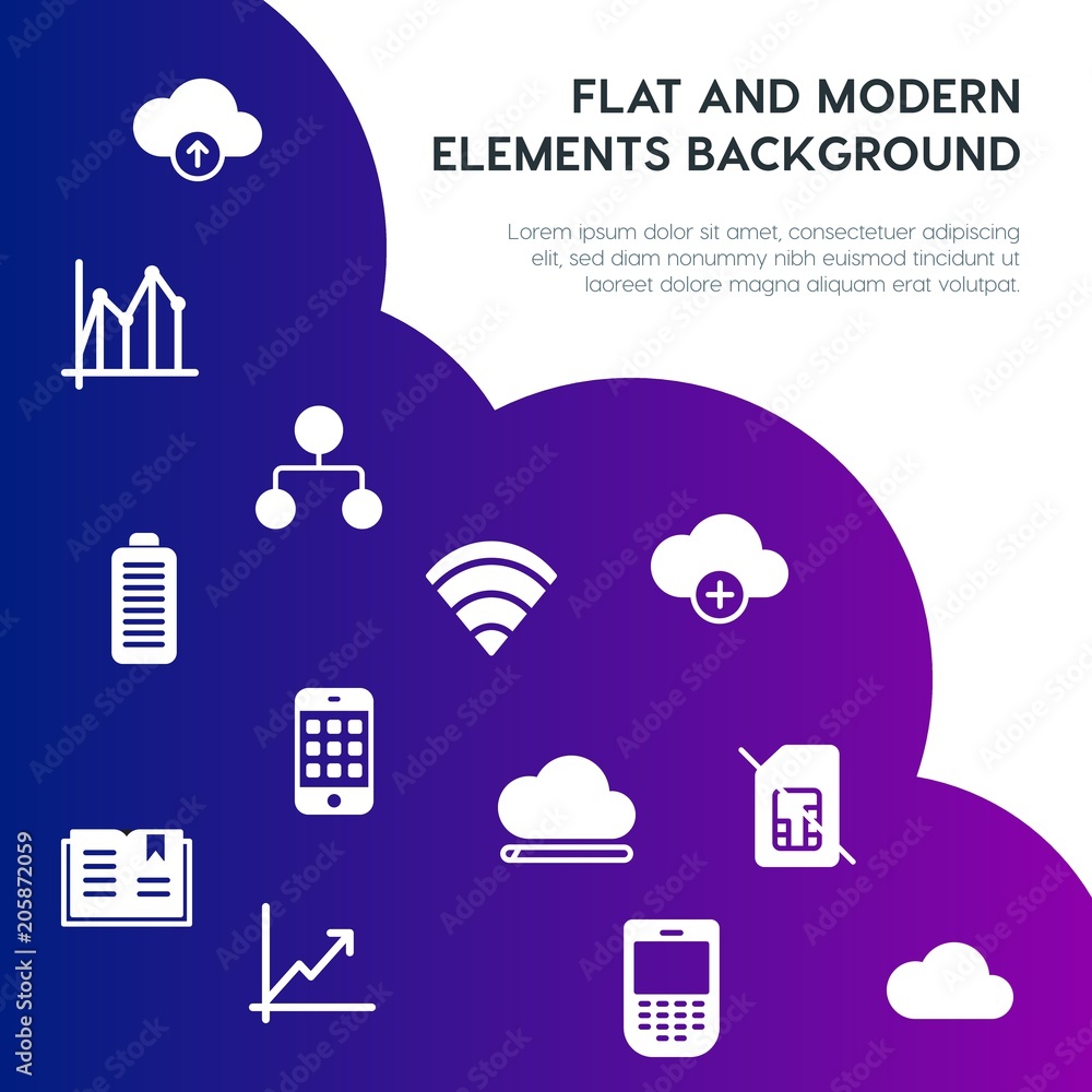 Poster cloud and networking, charts, mobile, bookmarks fill vector icons and elements background concept on
