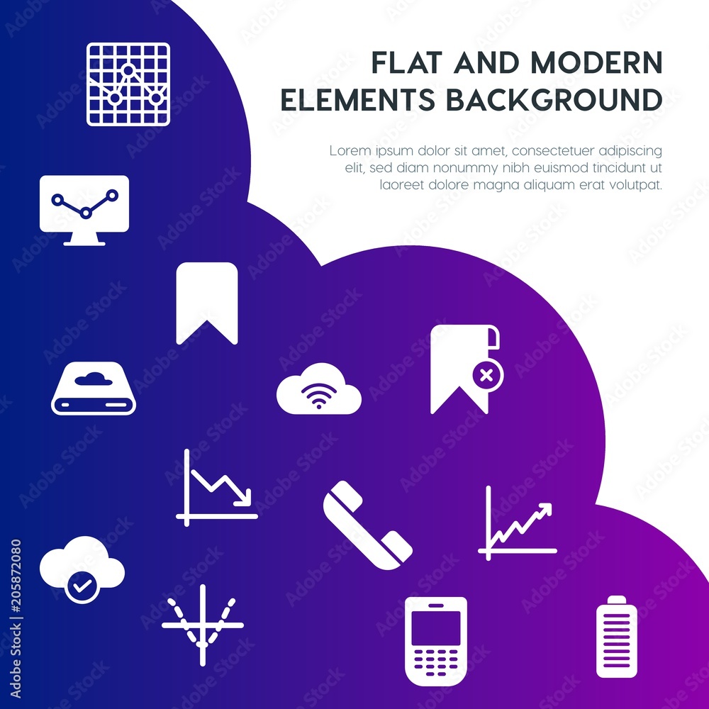 Poster cloud and networking, charts, mobile, bookmarks fill vector icons and elements background concept on