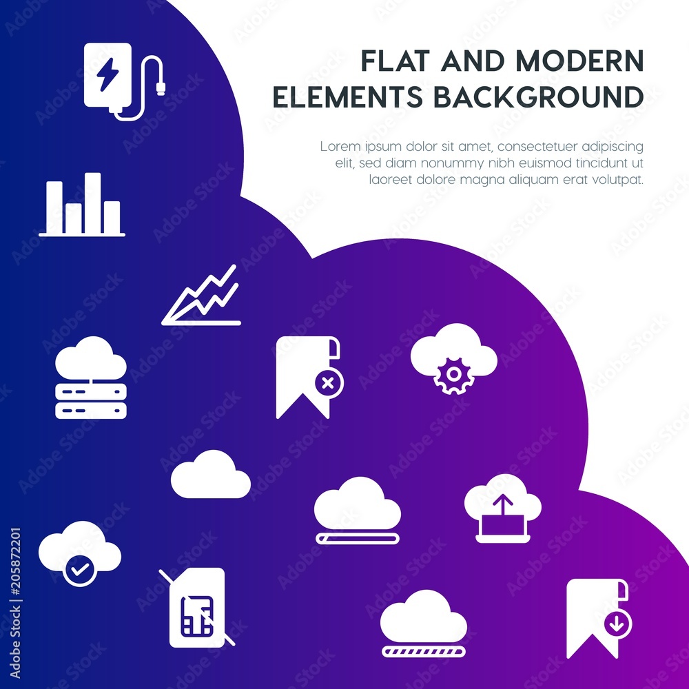 Poster cloud and networking, charts, mobile, bookmarks fill vector icons and elements background concept on