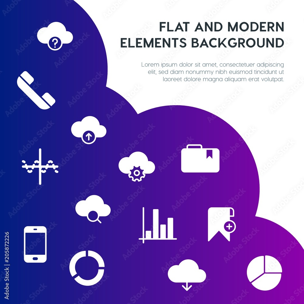 Poster cloud and networking, charts, mobile, bookmarks fill vector icons and elements background concept on