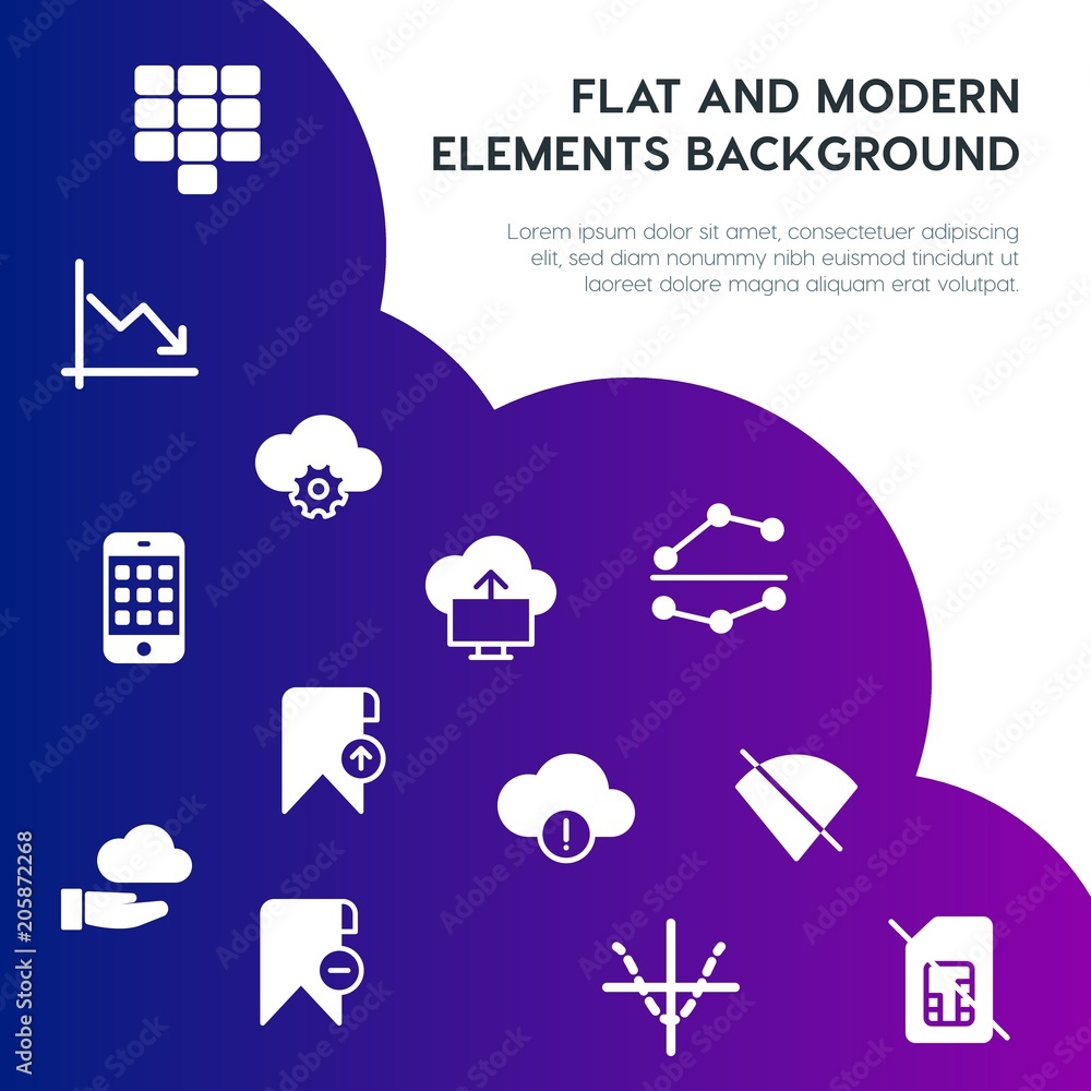 Poster cloud and networking, charts, mobile, bookmarks fill vector icons and elements background concept on