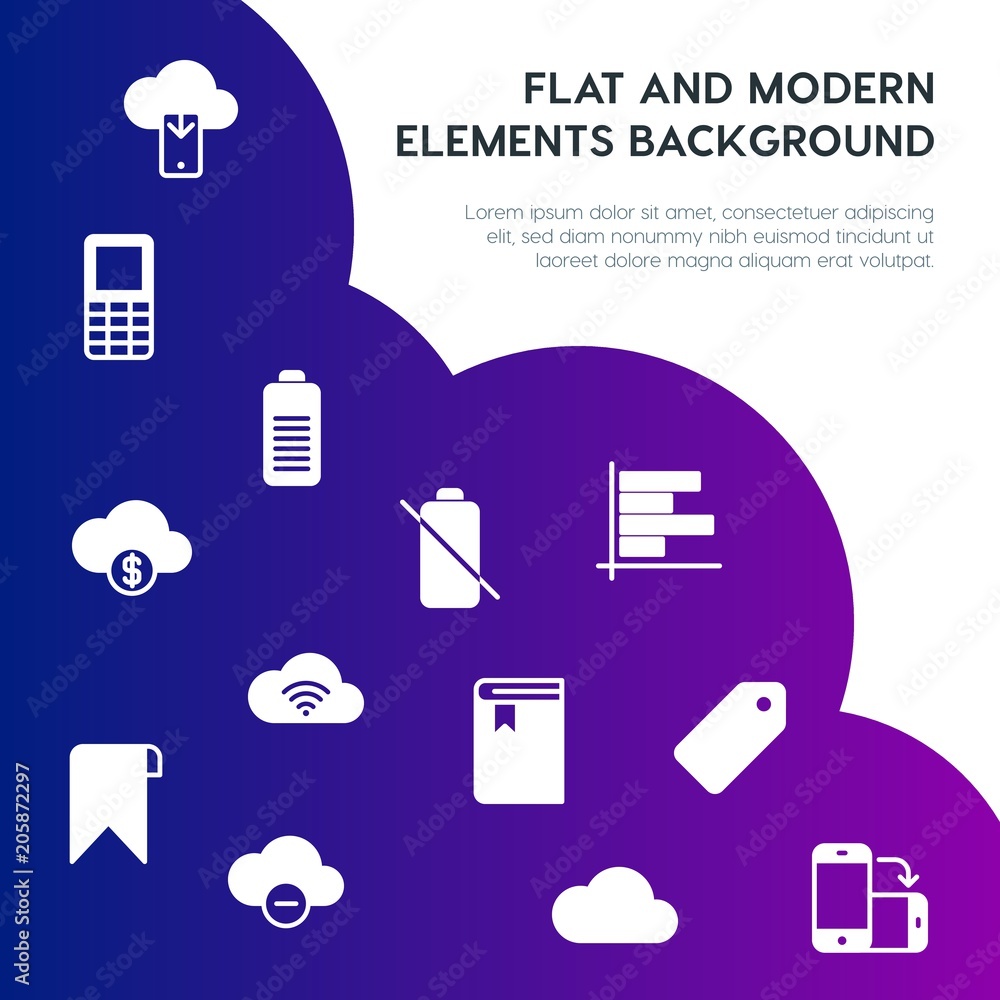 Poster cloud and networking, charts, mobile, bookmarks fill vector icons and elements background concept on