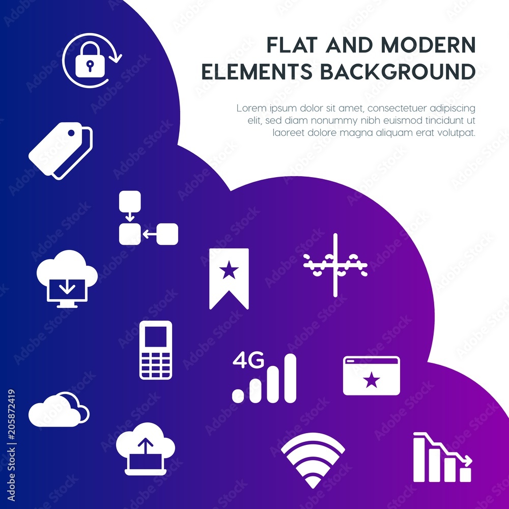 Poster cloud and networking, charts, mobile, bookmarks fill vector icons and elements background concept on