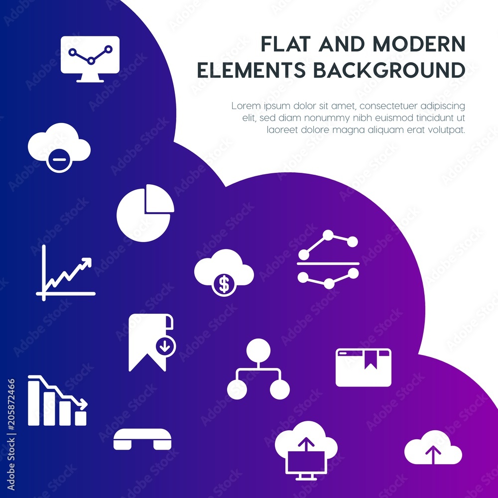 Poster cloud and networking, charts, mobile, bookmarks fill vector icons and elements background concept on