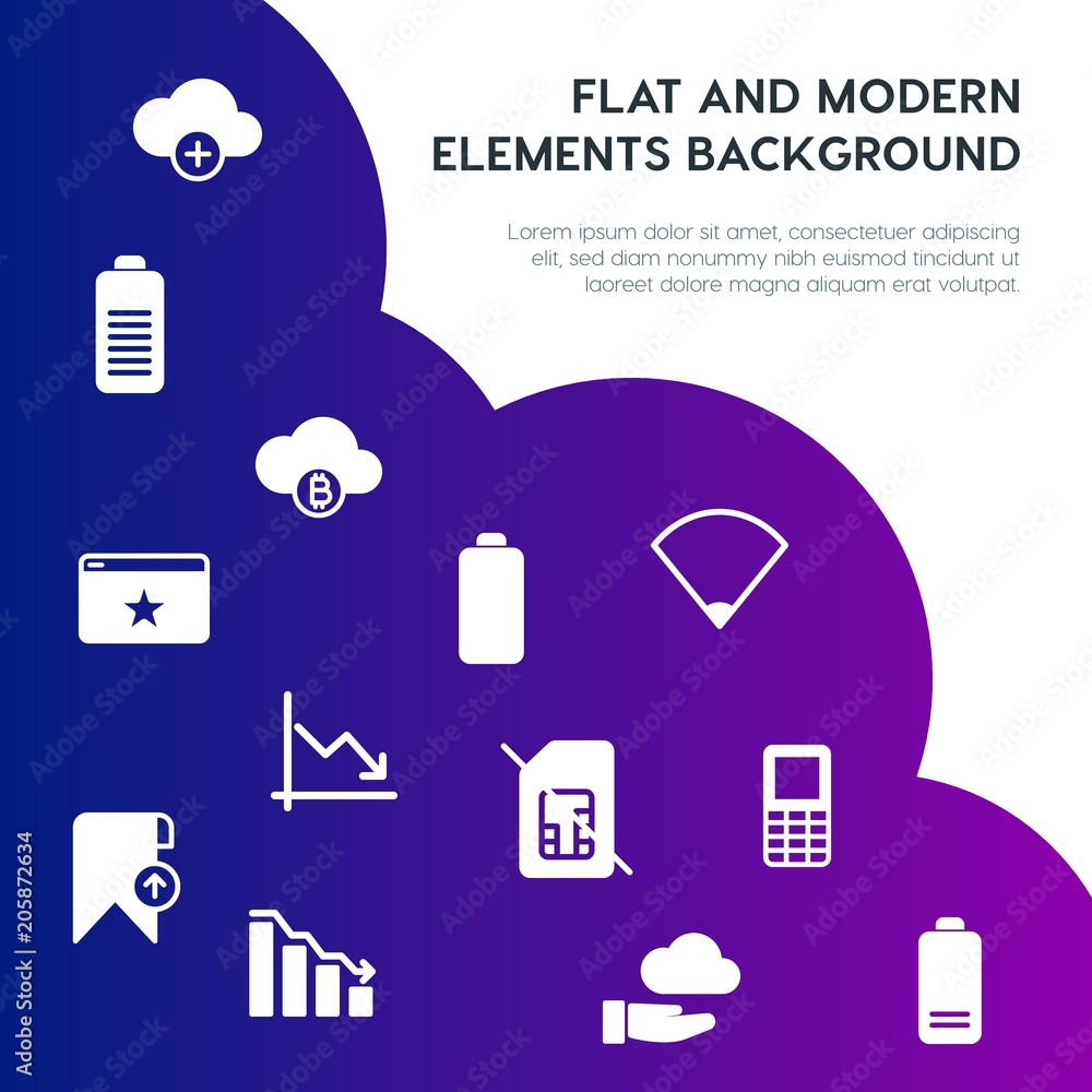 Poster cloud and networking, charts, mobile, bookmarks fill vector icons and elements background concept on