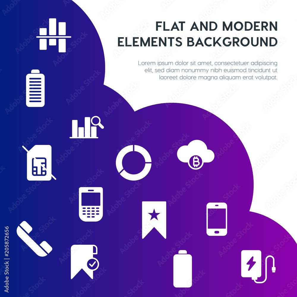 Poster cloud and networking, charts, mobile, bookmarks fill vector icons and elements background concept on