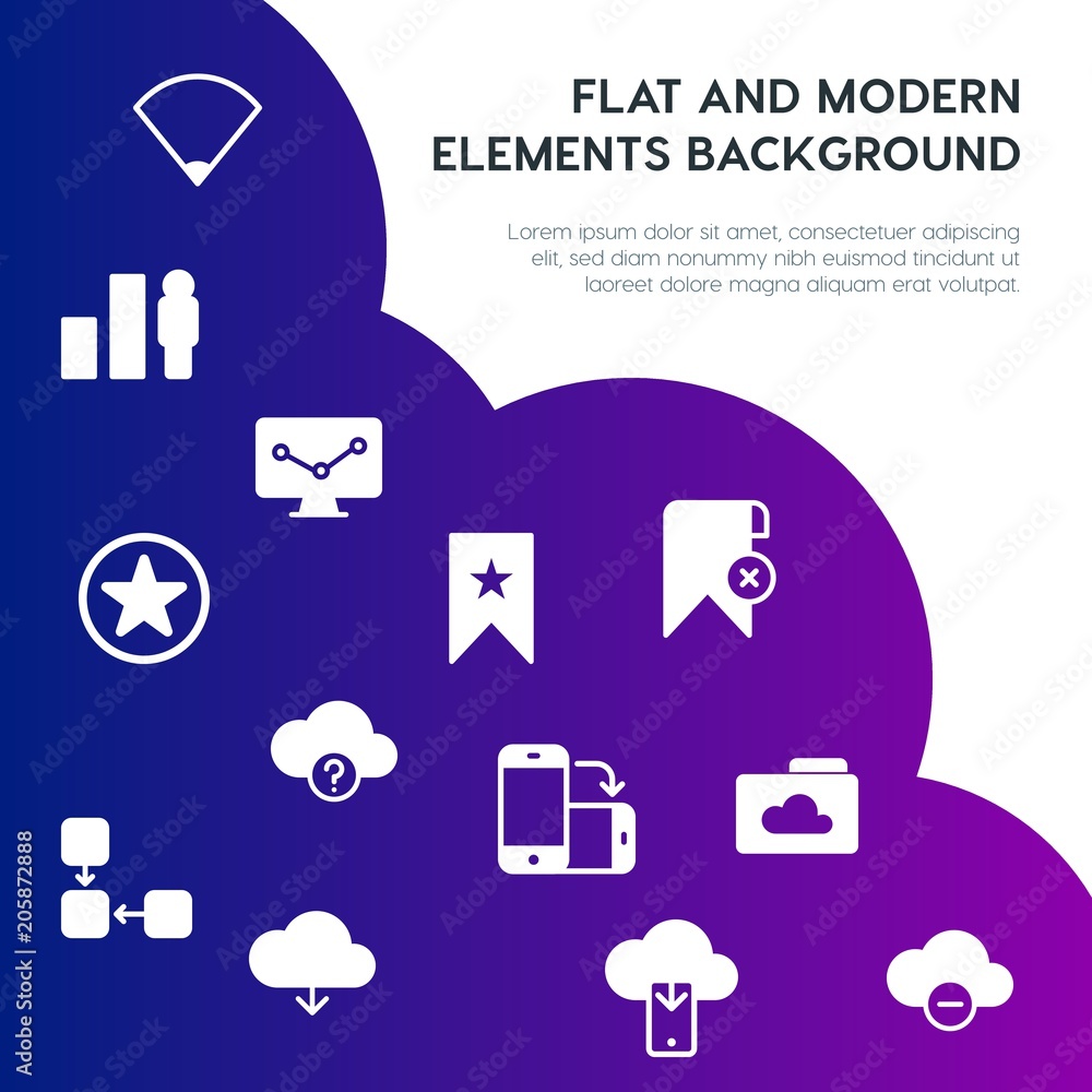 Poster cloud and networking, charts, mobile, bookmarks fill vector icons and elements background concept on
