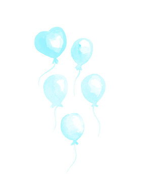 Bright blue watercolor balloons Hand drawing