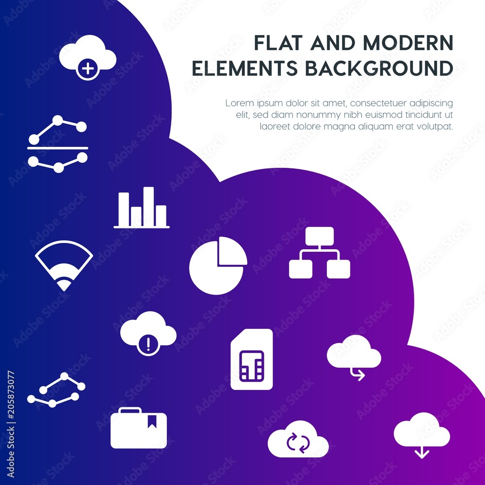 Poster cloud and networking, charts, mobile, bookmarks fill vector icons and elements background concept on