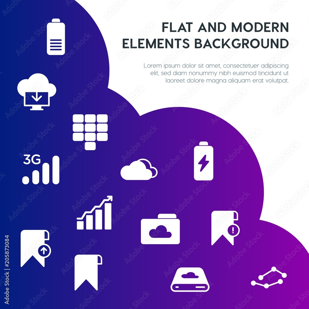Poster cloud and networking, charts, mobile, bookmarks fill vector icons and elements background concept on