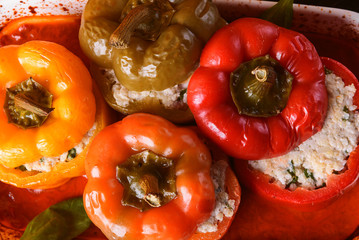 homemade, stuffed peppers. with a filling of basil, spinach, cheese and spices. with gravy from fresh home-made tomatoes. made in a rustic style.