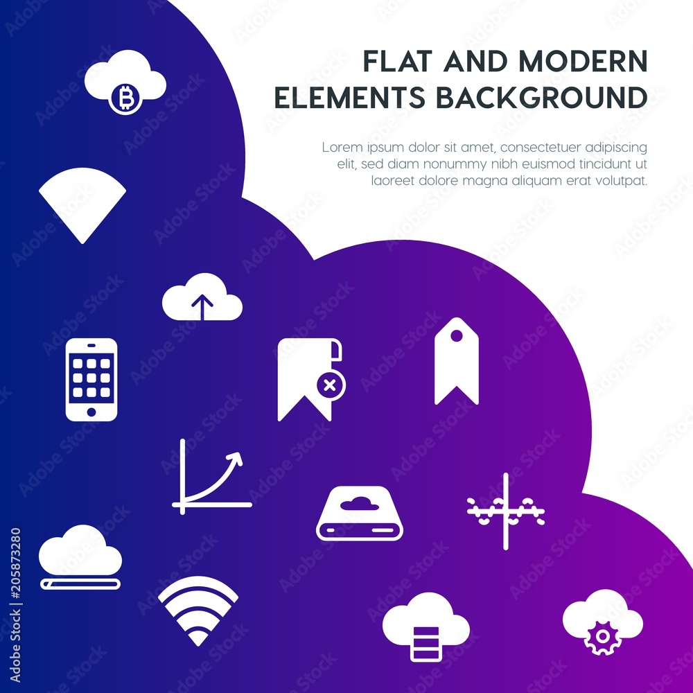 Poster cloud and networking, charts, mobile, bookmarks fill vector icons and elements background concept on