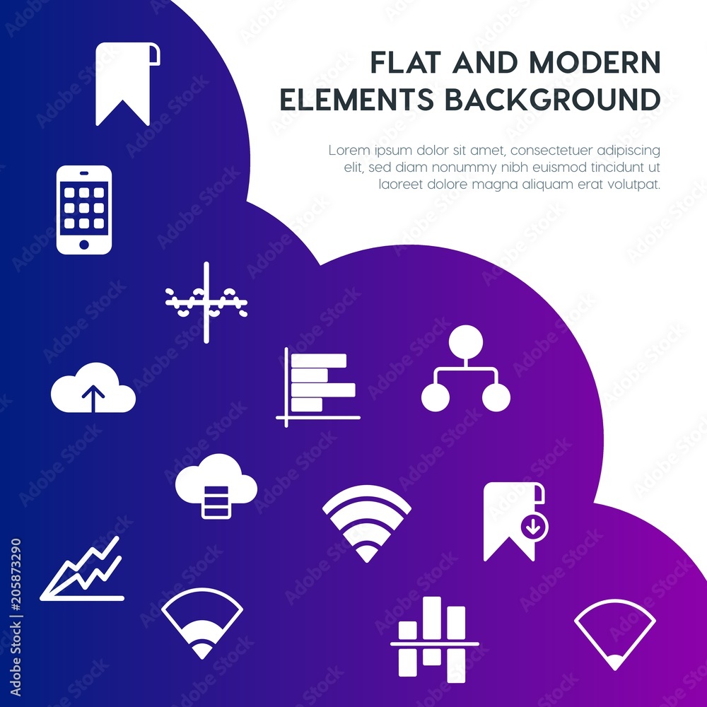 Poster cloud and networking, charts, mobile, bookmarks fill vector icons and elements background concept on