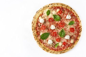 Pizza with tomatoes, cheese and basil isolated on white background. Copyspace