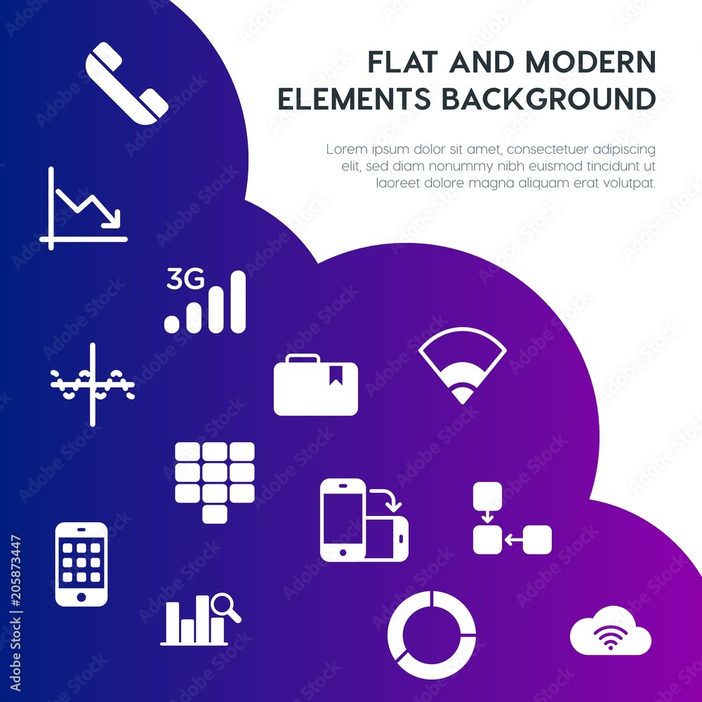 Poster cloud and networking, charts, mobile, bookmarks fill vector icons and elements background concept on