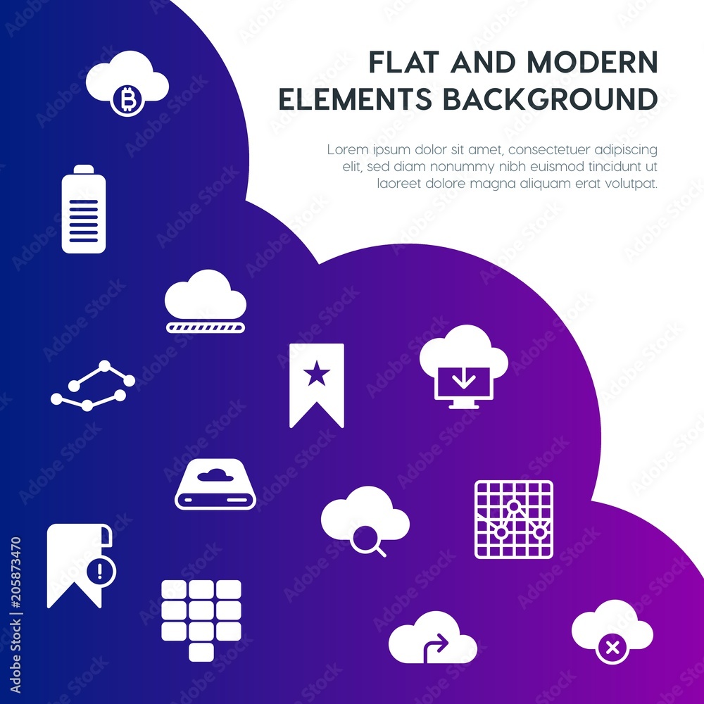 Poster cloud and networking, charts, mobile, bookmarks fill vector icons and elements background concept on