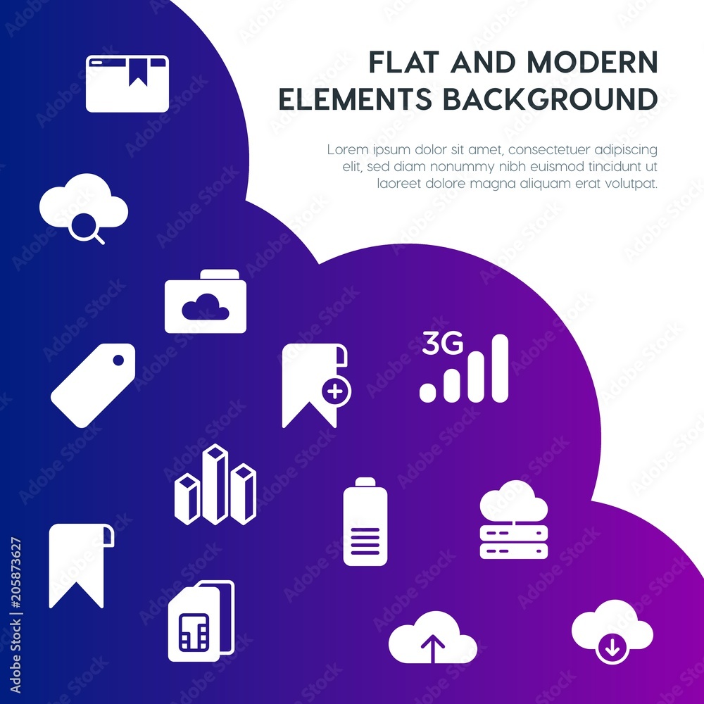 Poster cloud and networking, charts, mobile, bookmarks fill vector icons and elements background concept on