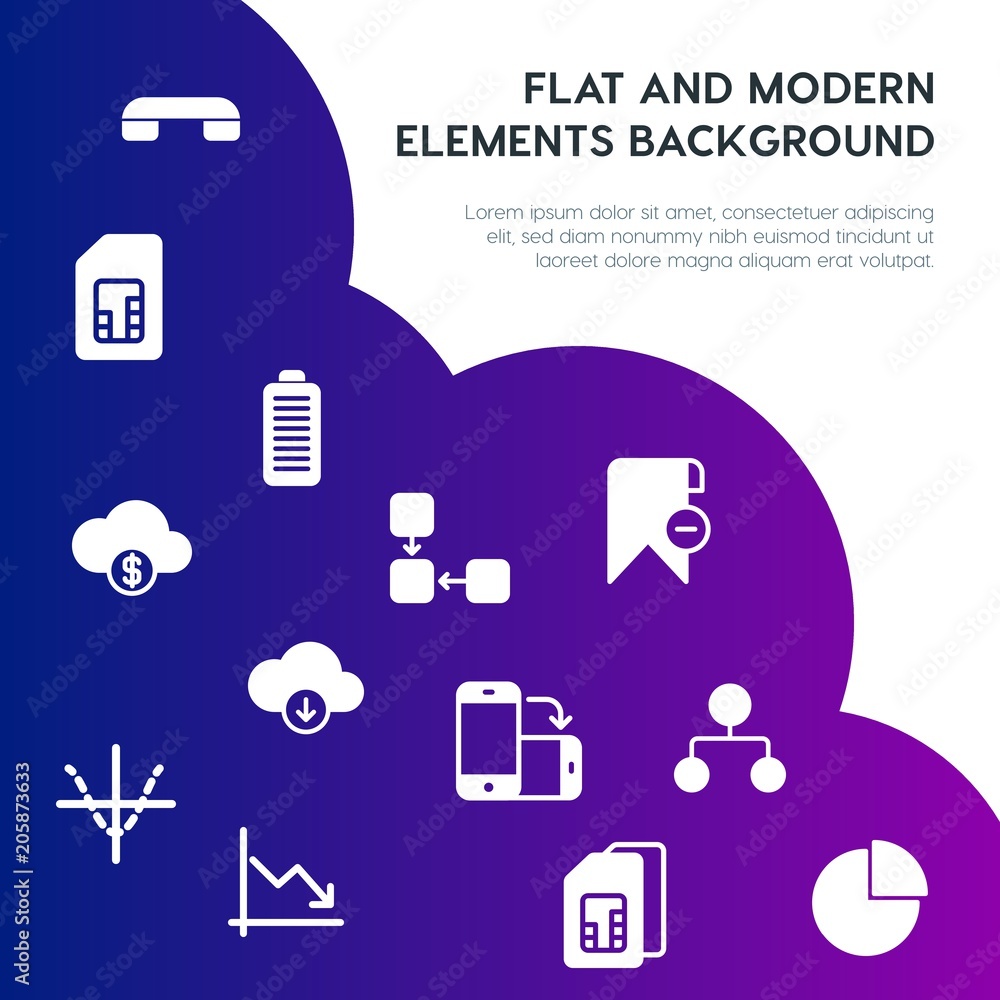 Poster cloud and networking, charts, mobile, bookmarks fill vector icons and elements background concept on
