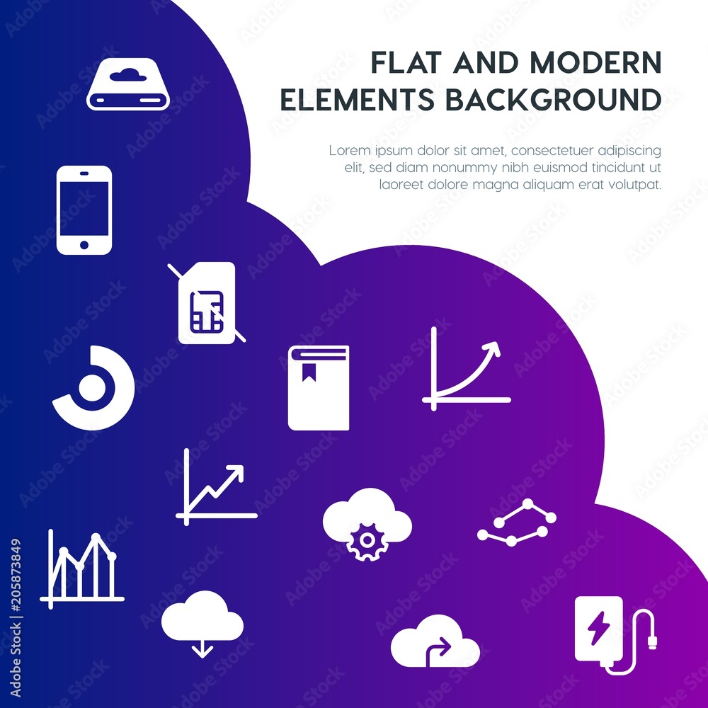 Poster cloud and networking, charts, mobile, bookmarks fill vector icons and elements background concept on