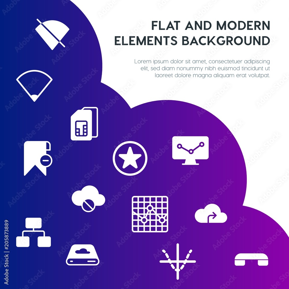 Poster cloud and networking, charts, mobile, bookmarks fill vector icons and elements background concept on