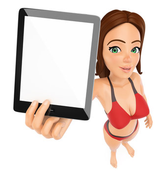 3D Woman in bikini with a tablet. Blank screen