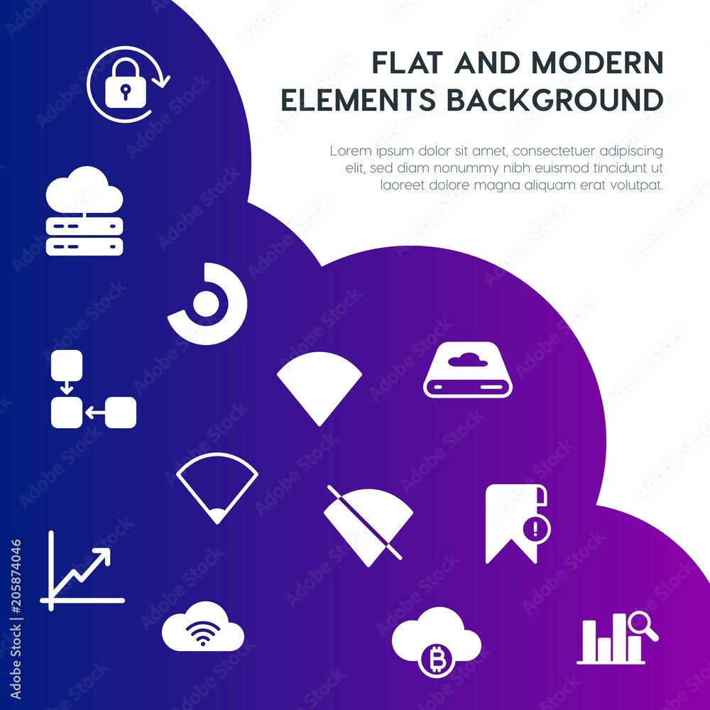 Poster cloud and networking, charts, mobile, bookmarks fill vector icons and elements background concept on