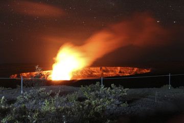 Night view of the Kilauea caldera at night, with lava glow, Big Island, Hawaii