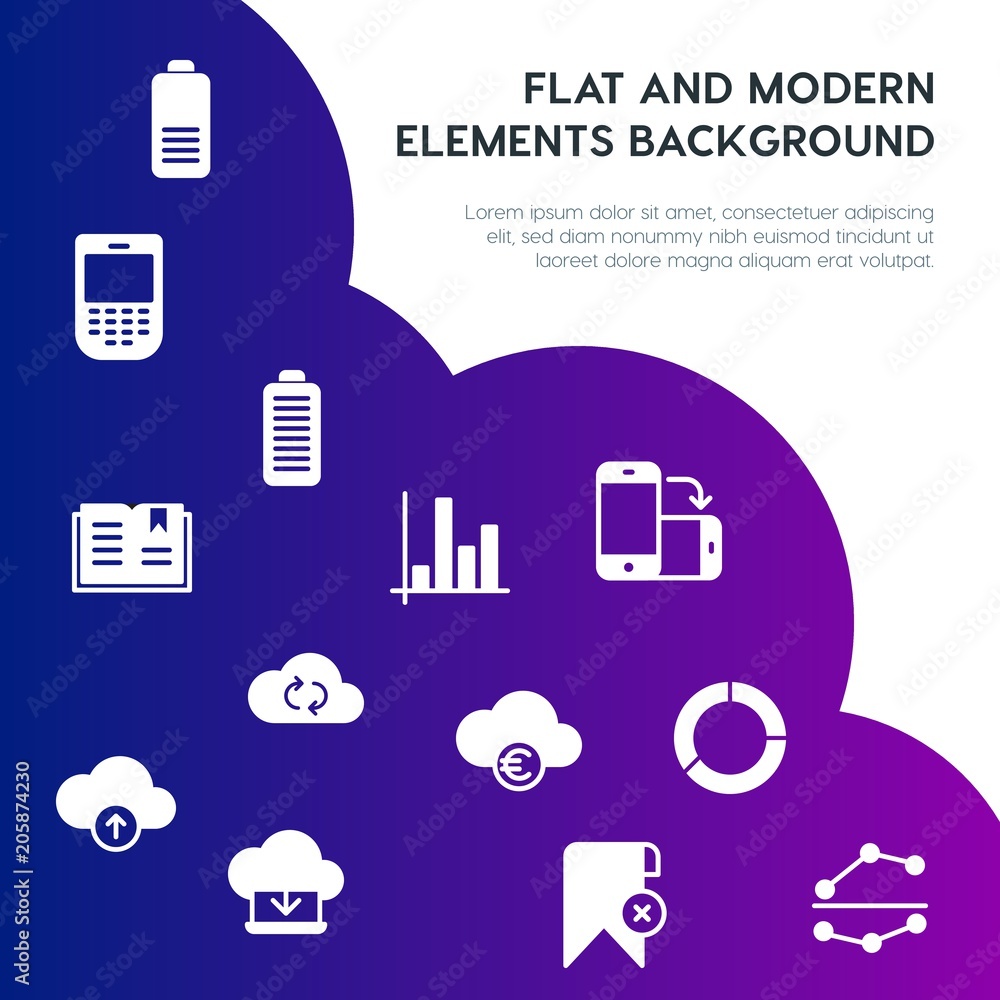 Poster cloud and networking, charts, mobile, bookmarks fill vector icons and elements background concept on