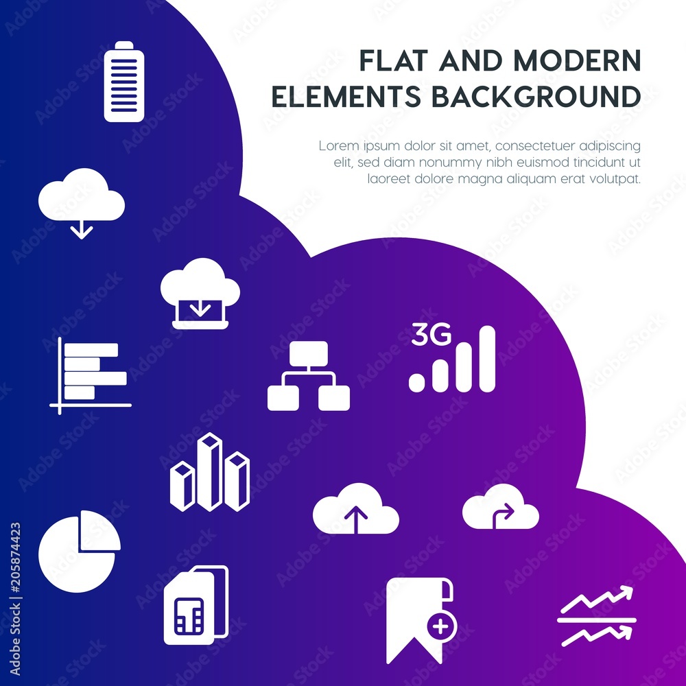 Poster cloud and networking, charts, mobile, bookmarks fill vector icons and elements background concept on