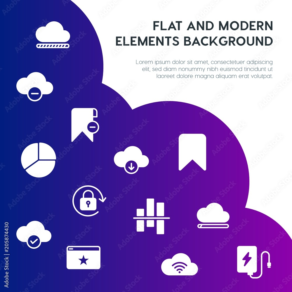 Poster cloud and networking, charts, mobile, bookmarks fill vector icons and elements background concept on