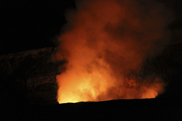 Night view of the Kilauea caldera at night, with lava glow, Big Island, Hawaii